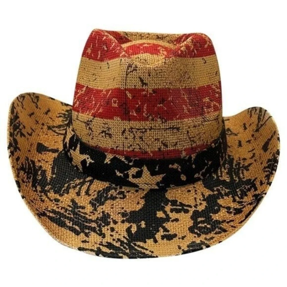 Tea Stained Paper Straw American Flag Fashion Cowboy Hat Vintage Look OS NWT